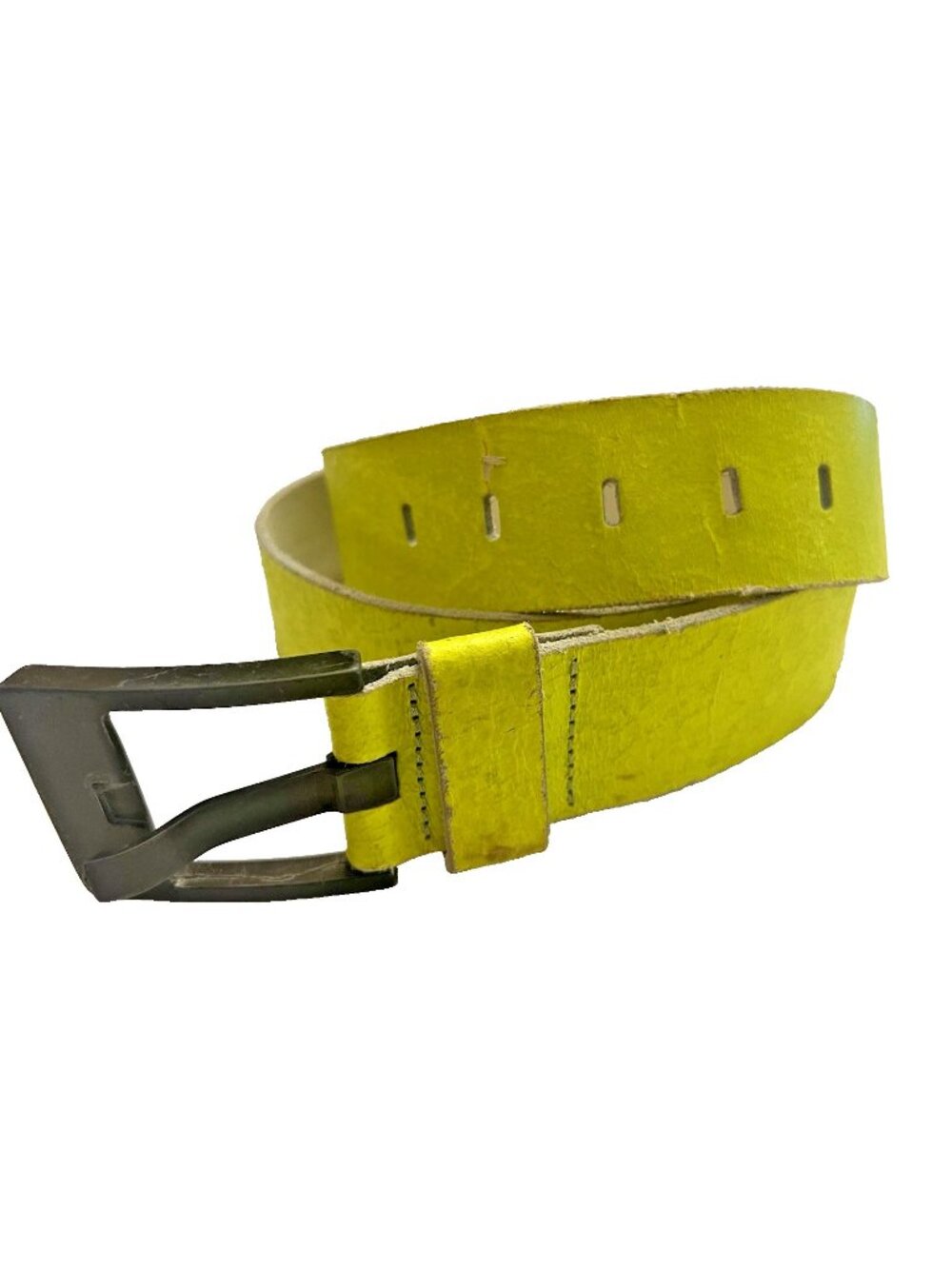 Diesel Y2K Neon Yellow Distressed Leather Belt Mens Size 40 Made in Italy Grunge